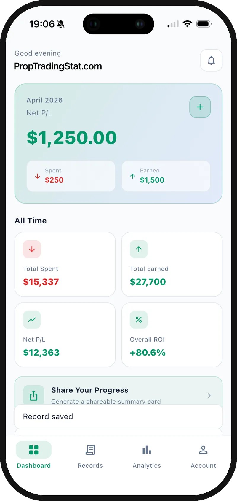 Dashboard con P&L netto, spese e ricavi